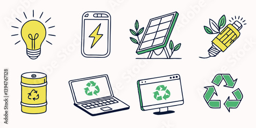 Doodle Style Green Energy Recycling Graphic Icons - Sustainable Technology Vector Art Light Bulb Solar Panel Battery Laptop Computer Recycle Symbol Eco-Friendly