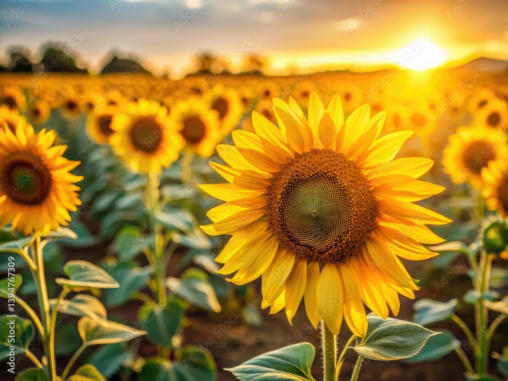 Fototapeta premium Golden hour sun bathes vibrant yellow sunflowers in a minimalist summer field.