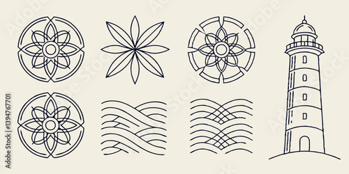 Minimalist Line Art Vector Nautical Marine Decorative Graphics Icons Symbols Floral Mandala Ornaments Geometric Designs Wave Patterns Lighthouse Illustration Design Element