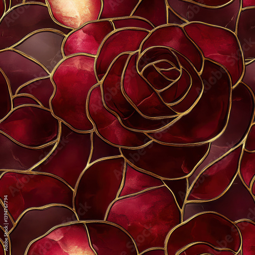 Luxurious red rose pattern with golden outlines, creating elegant and artistic floral background