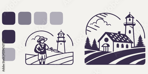 Vintage Nautical Line Art Logos: Fisherman Fishing, Lighthouse, House Landscape & Color Palette