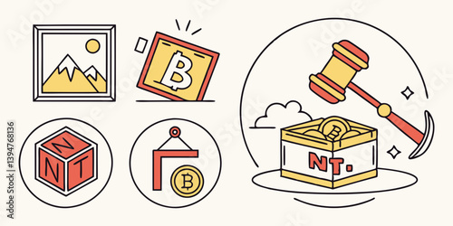 NFT Digital Art Bitcoin Crypto Blockchain Auction Icons Vector Line Art
