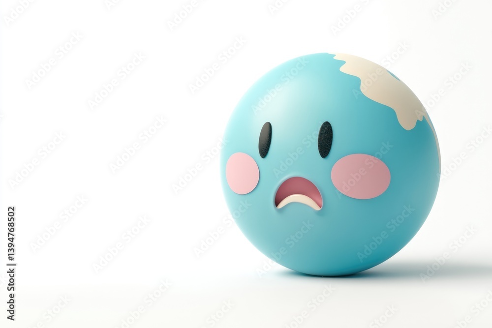 A worried, 3D-rendered emoticon, light blue with pink cheeks and a concerned expression, suggestive of global issues. A worried, 3D-rendered emoticon, light blue with pink cheeks and a concerned expression, suggestive of global issues.