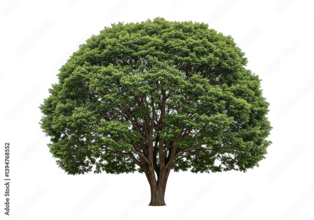 A full tree with a thick trunk and a dense canopy of green leaves isolated on a white background isolated on white background A full tree with a thick trunk and a dense canopy of green leaves isolated on a white background isolated on white background