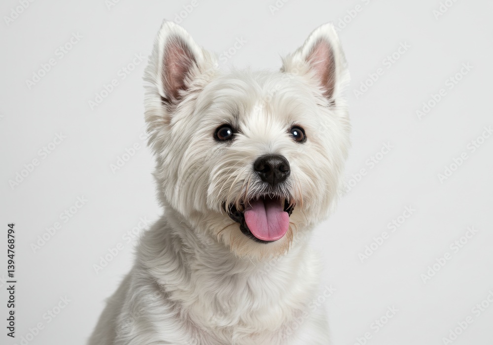 Close up of a west highland white terrier with its tongue out on a white background looking happy isolated on white background Close up of a west highland white terrier with its tongue out on a white background looking happy isolated on white background