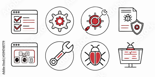 Software Testing Debugging Flat Icons - Red Line Art Style - Checklist Gear Wrench Bug Computer Browser