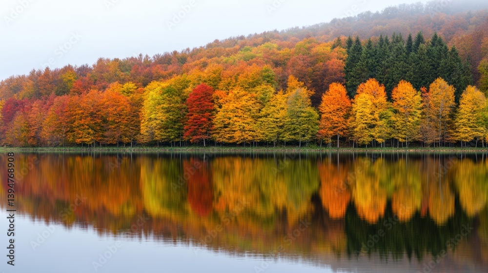 Obraz premium A tranquil lake reflecting the vibrant colors of the surrounding autumn forest