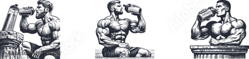 Set of Strong, Muscular Man Drinking Protein Shake on Stone - Engraved Design for Fitness Enthusiasts protein shake, fitness, nourishment, black-and-white, art, stone, rock, natural, woodcut, texture