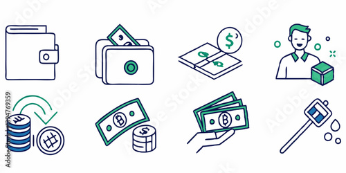Money Finance Payment Vector Line Icons Set: Wallet Cash Coins Biz Transaction Blue Green