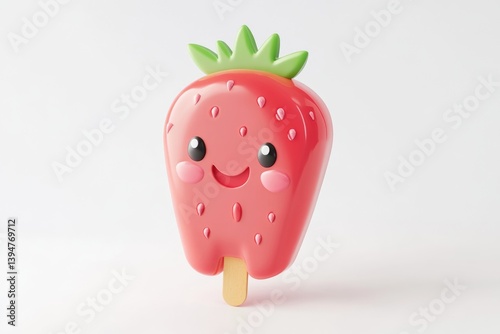 A cute cartoon strawberry ice pop smiles on a white background.