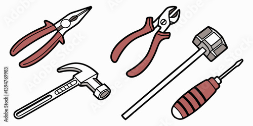 Hand Tools Line Art: Pliers, Cutters, Hammer, Mallet, Screwdriver - DIY, Repair, Construction Vector Illustration