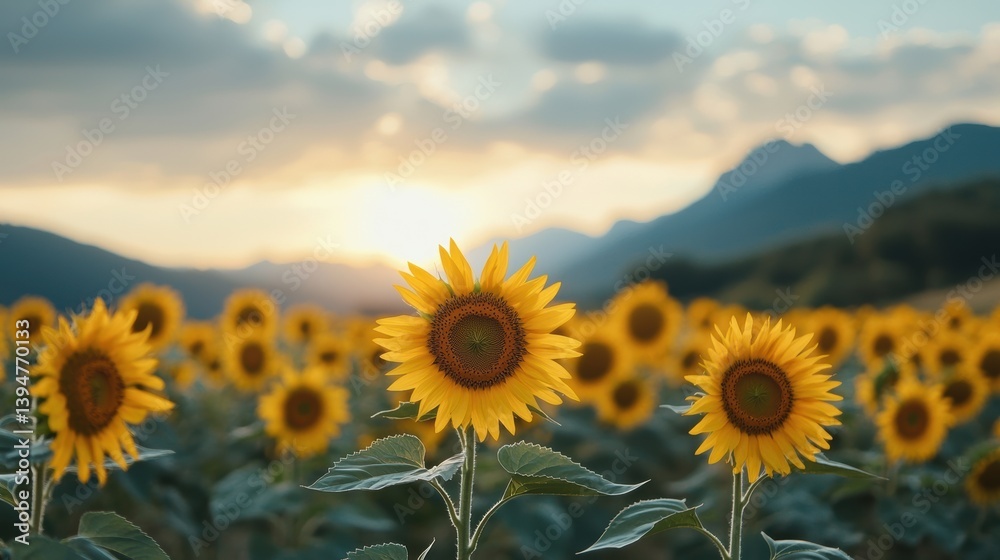Fototapeta premium Endless sunflower fields stretching toward the horizon at sunset