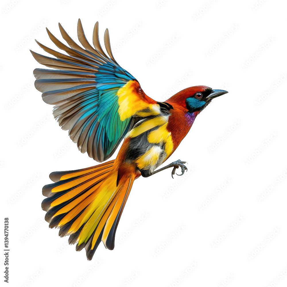 Fototapeta premium a vividly colored bird in mid-flight showcasing its striking plumage with a blend of vibrant blues reds yellows and greens against a plain white background
