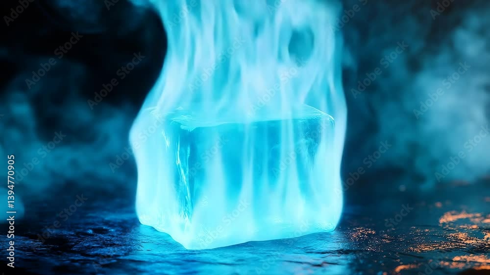 A block of ice engulfed in vibrant blue flames