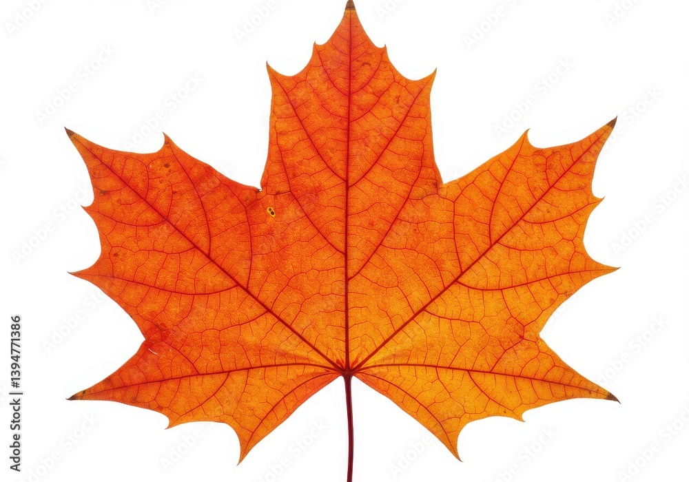 Isolated orange maple leaf with detailed veins on a white background in a studio shot setting isolated on white background Isolated orange maple leaf with detailed veins on a white background in a studio shot setting isolated on white background