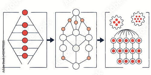 Visual Diagram of Transformation Process Pyramid Network Grid Structures Gears Red Dots