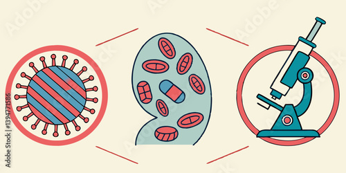 Virus Red Blood Cells Blue Microscope Cartoon Vector Medical Biology Illustration
