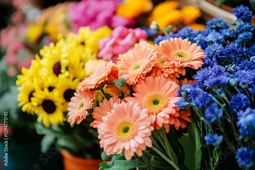 Bright flower market with colorful spring summer blossoms in full bloom, green house, flower store, generative ai