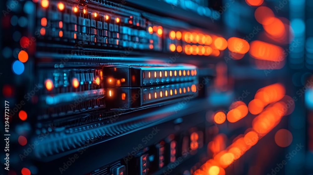 Network infrastructure. Telecommunications systems. Data center. Modem with fiber-optic cables. Router in a data center. Hosting devices. Internet connectivity. Network infrastructure. Telecommunications systems. Data center. Modem with fiber-optic cables. Router in a data center. Hosting devices. Internet connectivity.