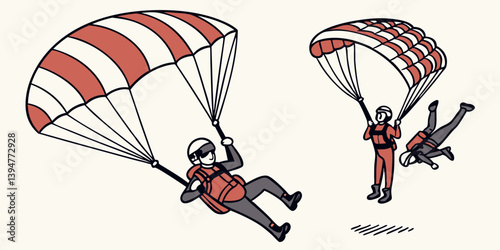 Cartoon Illustration of People Skydiving with Red and White Parachutes