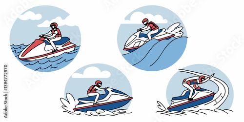 Cartoon Jet Ski Water Sports: Jet Ski Rider on Waves with Helmet and Life Vest