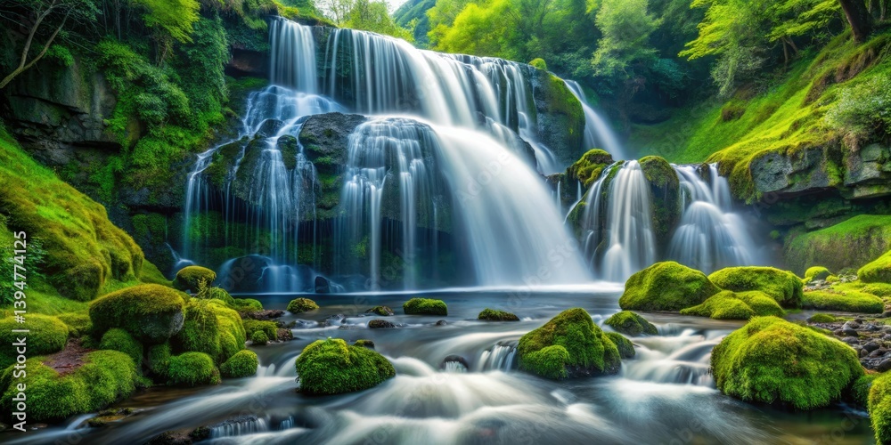 Obraz premium Minimalist waterfall photography: mossy rocks, tranquil scene, serene landscape, capturing nature's majesty.