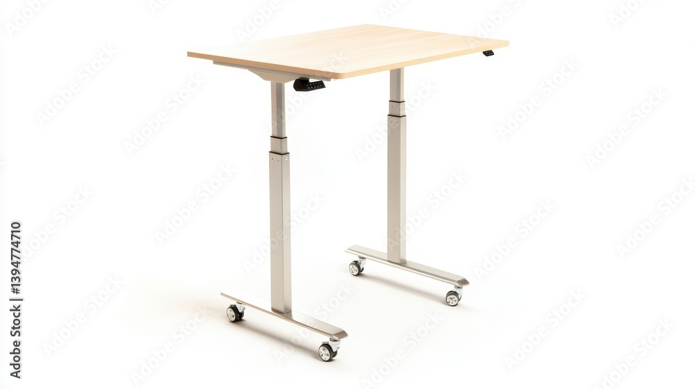 Adjustable height standing desk with light wood top and silver metal frame on wheels, isolated on white background. Adjustable height standing desk with light wood top and silver metal frame on wheels, isolated on white background.