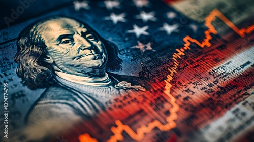The U.S. economy. Franklin's portrait beside the flag. America's financial market. Graphs next to Franklin's portrait. Concept of economists' predictions for the United States. U.S. government bonds. 