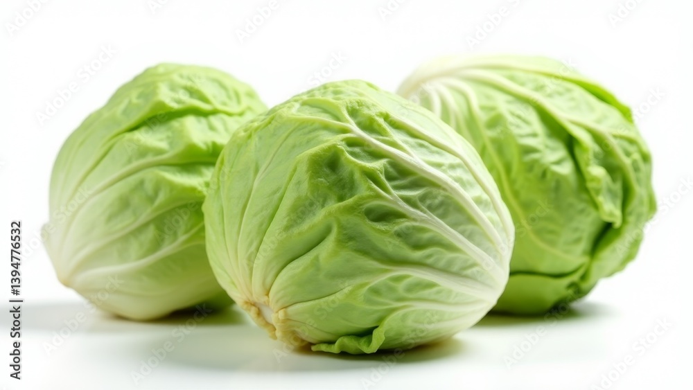 Three Fresh Green Cabbages On White Three Fresh Green Cabbages On White