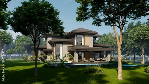 4K video rendering of modern two story house with gray and wood accents, large windows for sale or rent in luxurious style. Clear sunny summer day with blue sky.
