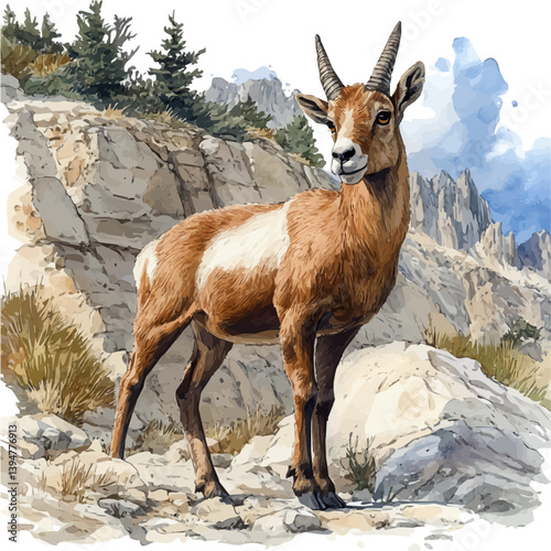 Chamois, watercolor illustration, isolated on a white background.

