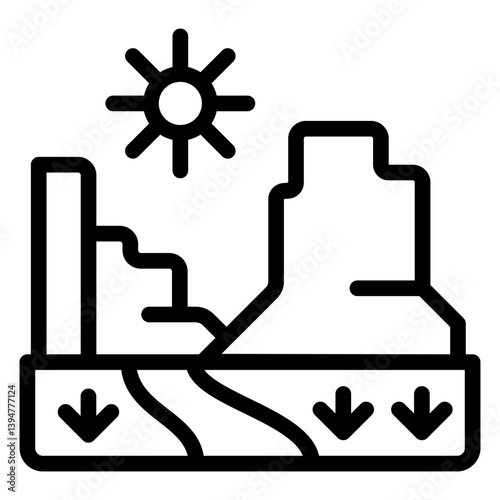 Grand canyon with sun line icon, west desert concept. Vector graphics. American valley landscape sign on white background, style mobile or design.