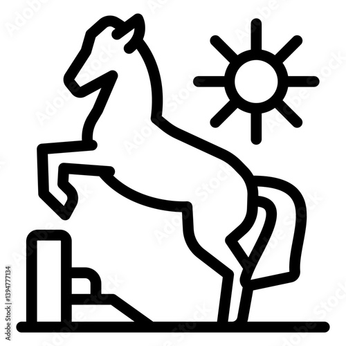 Mustang ridge horse line icon, west desert concept. Vector graphics. Sun, shiny weather and horse animal sign on white background, style mobile or design.