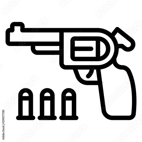 Colt gun and ammo line icon, west desert concept. Vector graphics. Revolver with bullets, pistol sign on white background, style mobile or design.