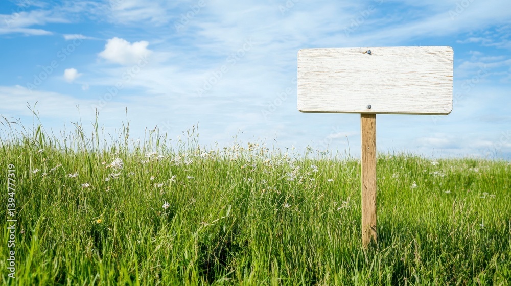 Fototapeta premium Blank white weathered wooden sign in a green field under a blue sky