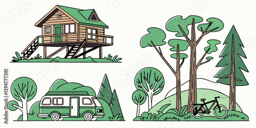 Green Vector Illustration Nature Outdoor Recreation with Cabin Camper Van Bicycle Trees
