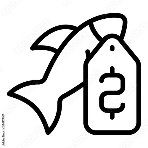 Fish with price tag line icon, fishery concept. Vector graphics. Badge on fish, shopping sign on white background, style mobile or design.
