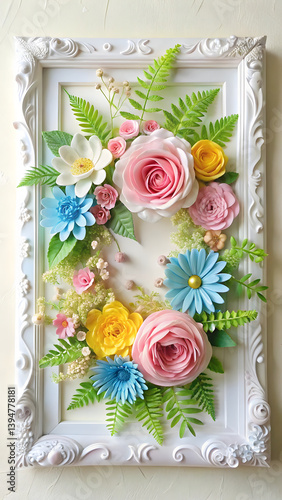 Ornate White Picture Frame with Paper Blossoms and Ferns

 photo