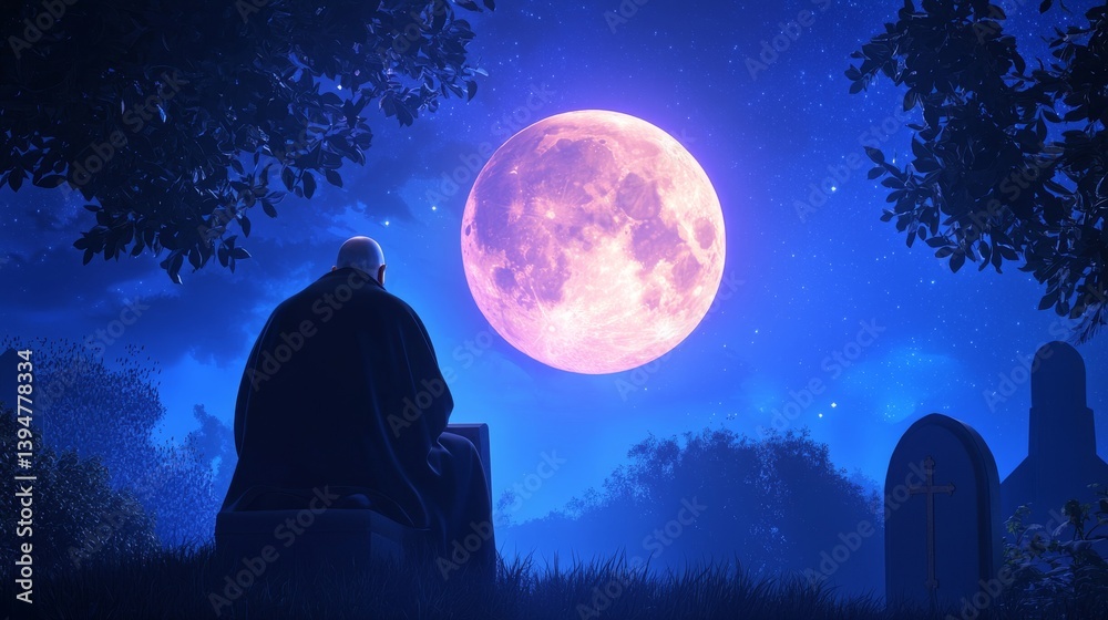 Naklejka premium Solitary Figure Gazing at a Luminous Full Moon in a Mystical Graveyard at Night