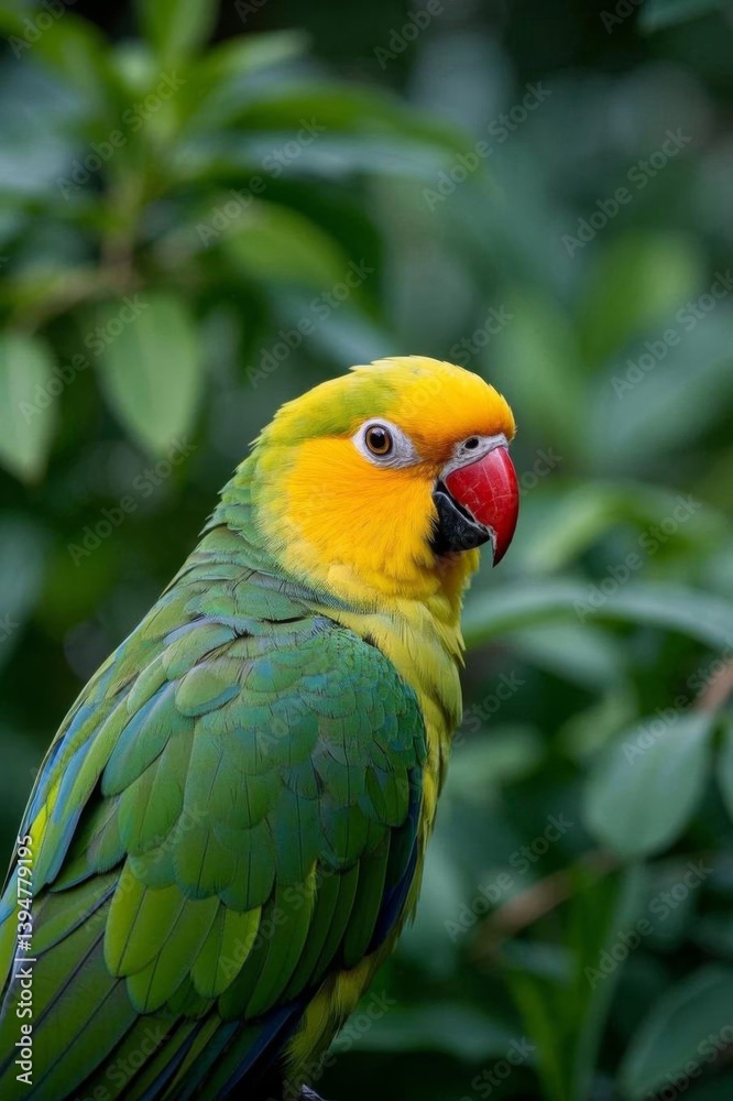 araffe parrot sitting on a branch with green leaves in the background araffe parrot sitting on a branch with green leaves in the background
