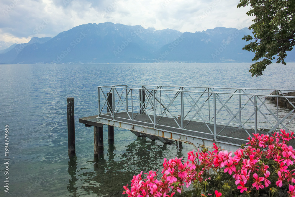 Landscape from town of Vevey to Lake Geneva, Switzerland