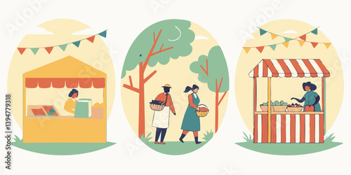 Colorful Flat Vector Farmers Market Illustration Outdoor Stalls People Park Scene