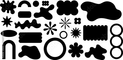 Bold abstract silhouettes of geometric and organic shapes in black on white background, perfect for modern design, stickers, and minimalist compositions. Vector EPS 10