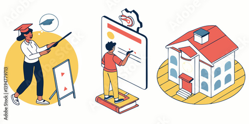 Flat Vector Education Illustration: Teacher, Student, Online Learning, School Building - Learning and Teaching Design