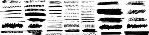 Set of hand-drawn ink and brush strokes, scribbles, and textured lines in black on transparent background. Great for grunge design, underline elements, and overlays. Vector EPS 10