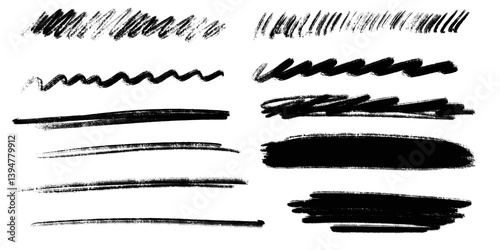 Hand-drawn sketch brush strokes and lines in various thicknesses and styles. Great for design accents, underline effects, and artistic text highlights. PNG image