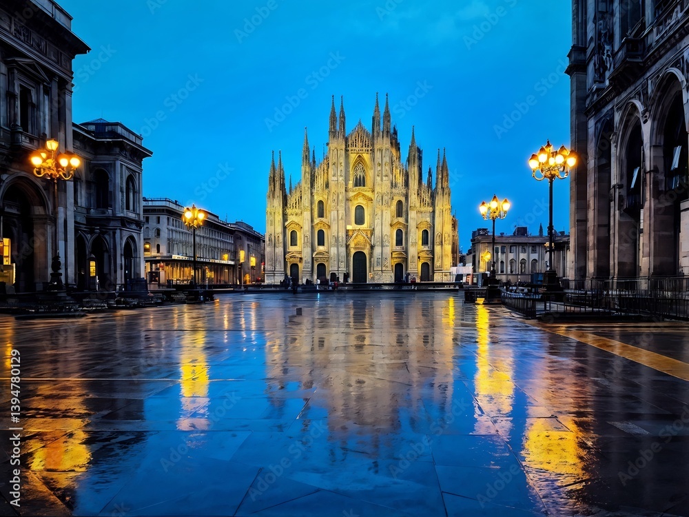 Fototapeta premium Milan Cathedral at Dusk with Reflections