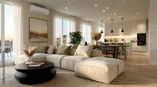 A modern, stylish living room featuring a spacious sectional sofa, a round coffee table, greenery, and large windows with natural light.