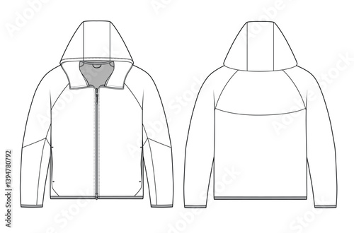 Men's full zip jacket front and back view vector design mockup template technical flat sketch.