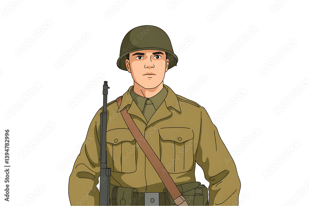 Obraz premium <Vintage Style World War II American Soldier: Retro Art Illustration of Bravery and Valor in Military History>
